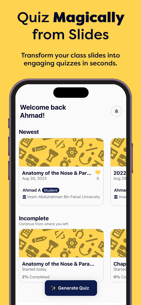 Schermata principale dell'app mobile Studi che mostra opzioni per generare quiz e visualizzare materiali di studio universitari.