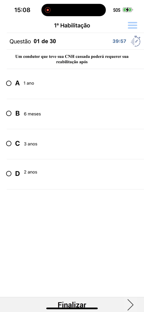 Simulado Detran.SP - A multiple choice question screen from the official Detran.SP driving test simulation app on an iPhone.