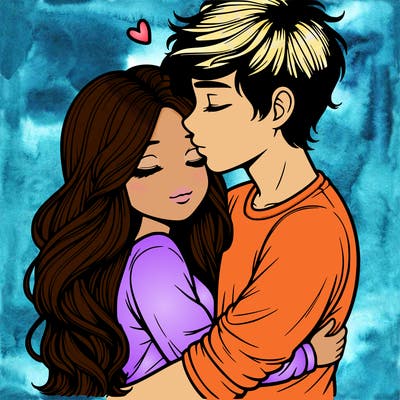 a realistic couple boy and girl hugging and kissing