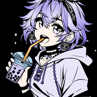 hot baddie anime girl drinking boba and biting the straw