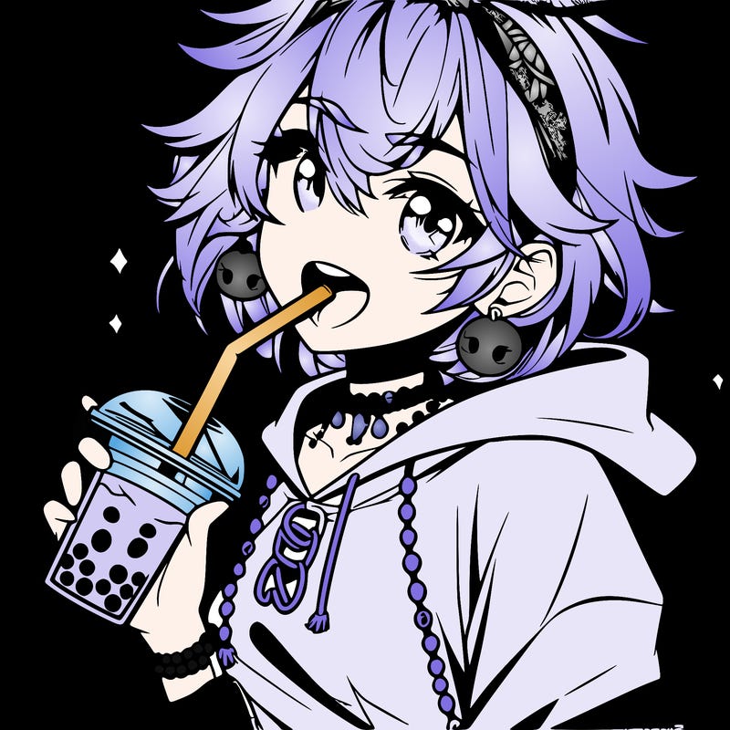hot baddie anime girl drinking boba and biting the straw
