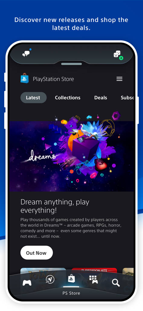 Interfaccia dell'App PlayStation che mostra il PlayStation Store mobile con nuove uscite e offerte