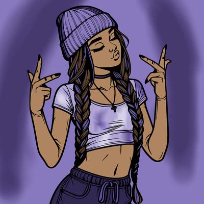 realistic teenage girl with braids and a beanie and crop top doing 🫶🏼