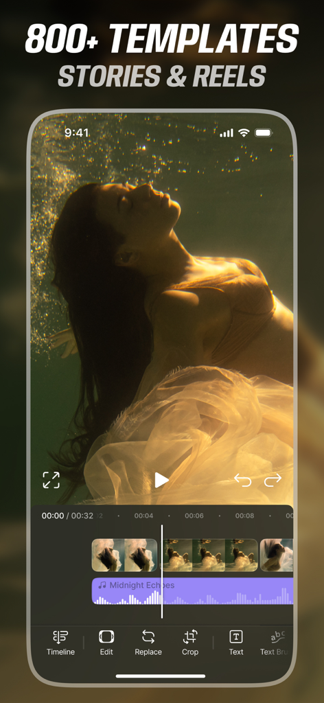 Vistory: Reels Video Editor - Mobile video editing interface of the Vistory app showing a video timeline and social media templates.