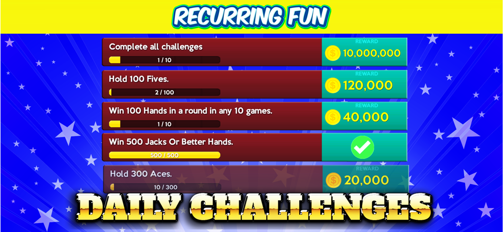 Multi Hand Video Poker & Bingo - Daily challenges menu in Multi Hand Video Poker showing progress bars and coin rewards