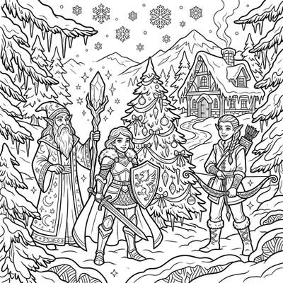 Step into a mystical winter wonderland alongside a wise wizard, a brave warrior, and a nimble elf archer. Bring this enchanting fantasy scene to life with your favorite colors.