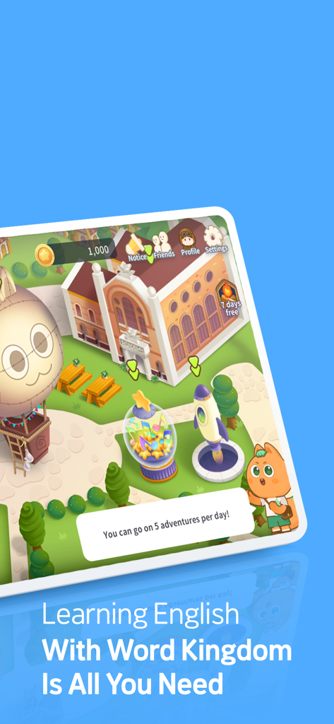 BIGBOX -  Fun English Learning - Una interfaz de mapa de dibujos animados coloridos de la aplicación de aprendizaje de inglés BIGBOX que muestra el Reino de las Palabras y un edificio de la Academia.