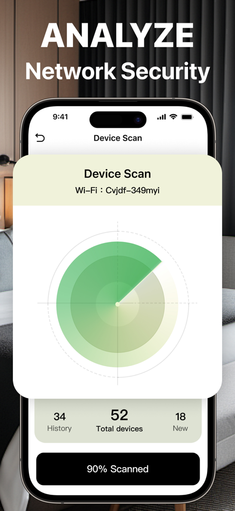 Find Cameras:Privacy Protector - A smartphone app interface performing a radar scan of devices on a Wi-Fi network
