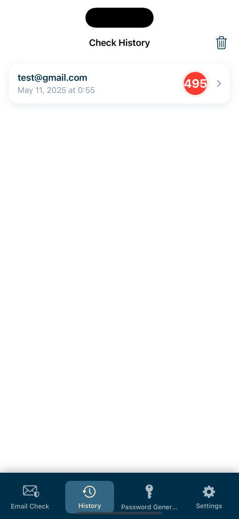 Leak Lock app screen displaying the history of checked email addresses and their associated data breach counts.