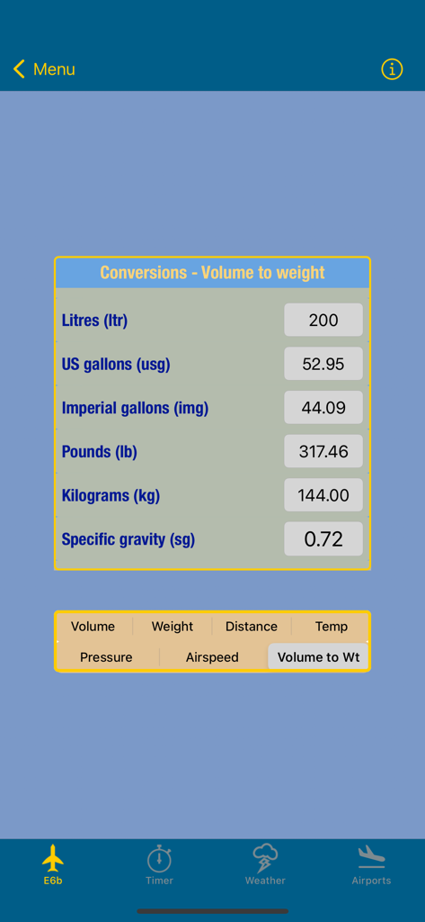 E6b Pilot - E6b Pilot app interface showing the volume to weight conversion utility for flight planning
