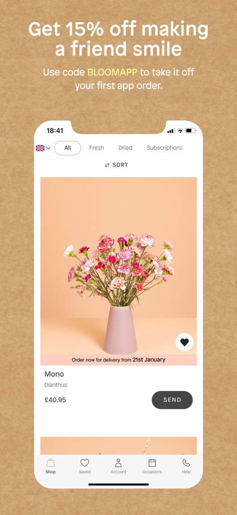 Bloomon mobile app screen showing a fifteen percent discount code for the first order and a fresh pink Dianthus flower bouquet