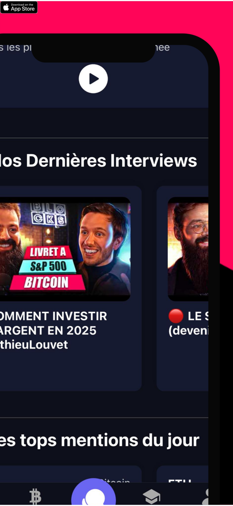 Blocks Crypto app interface showing video interviews and daily market mentions.