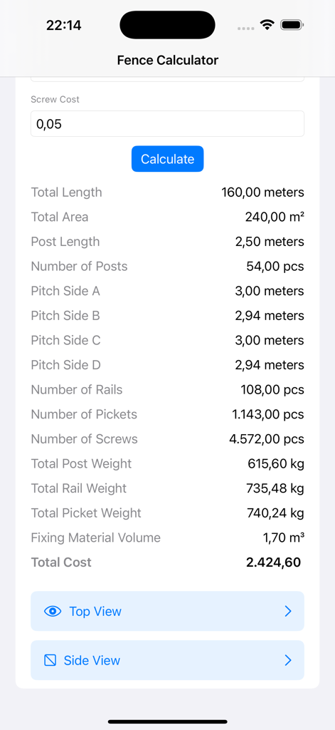 Fence calculator interface showing material estimates for posts rails pickets and total project cost