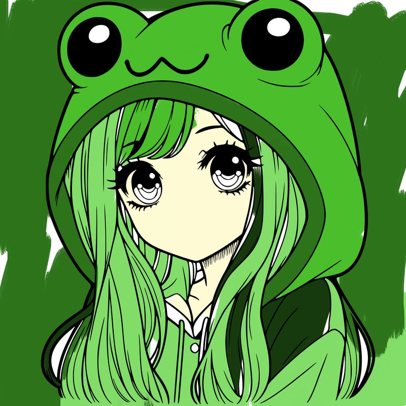 a pretty girl wearing a frog hoodie portrait with long hair