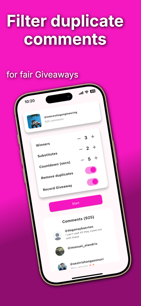 AppSorteos - Interface do aplicativo móvel AppSorteos em um iPhone mostrando configurações para escolher vencedores e filtrar comentários duplicados para um sorteio de mídia social