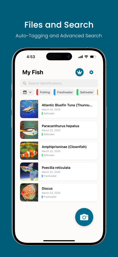 Fish Identifier AI: Fish ID - List of identified fish species in the app showing auto-tagging and search functionality