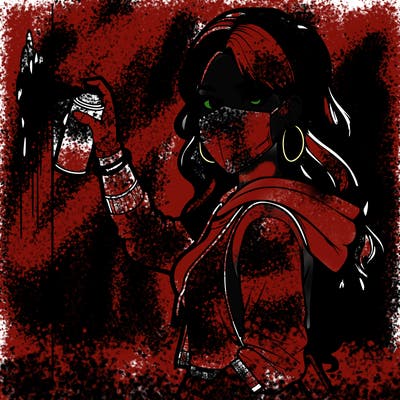 realistic girl with mask spray painting a wall