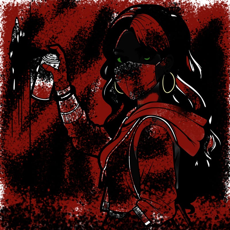 realistic girl with mask spray painting a wall