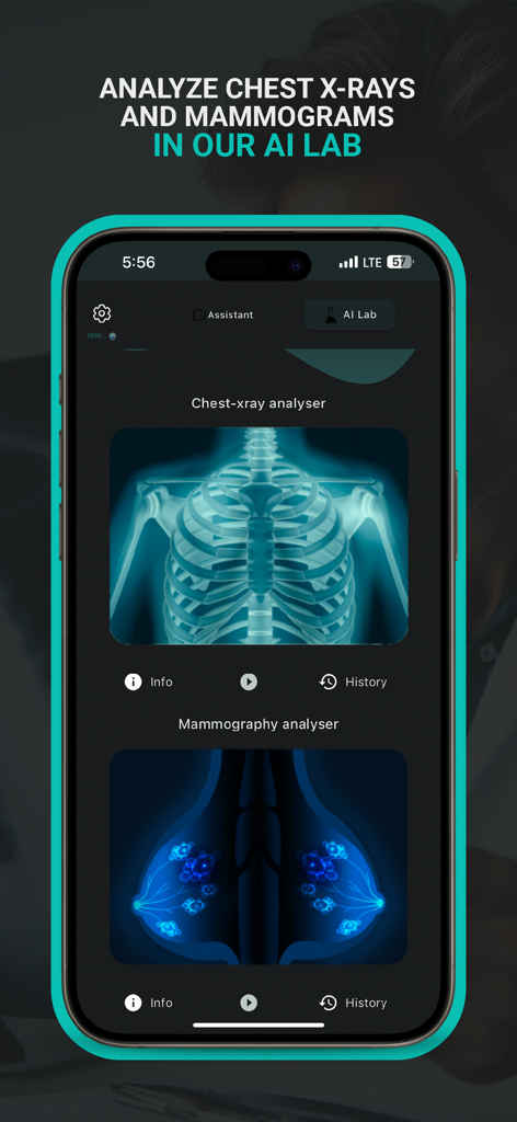 Interface of the DoctorAI mobile app showing the AI Lab featuring chest X-ray and mammogram analysis tools.