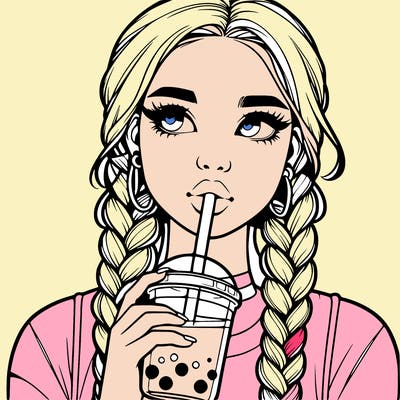 realistic girl with braided hair drinking boba