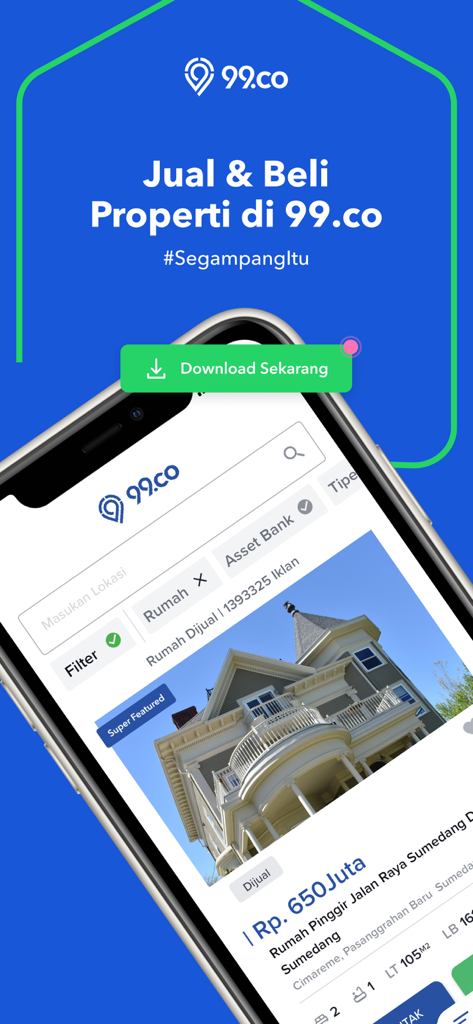 99.co Indonesia - A smartphone displaying a residential house listing for sale on the 99.co Indonesia property application interface.