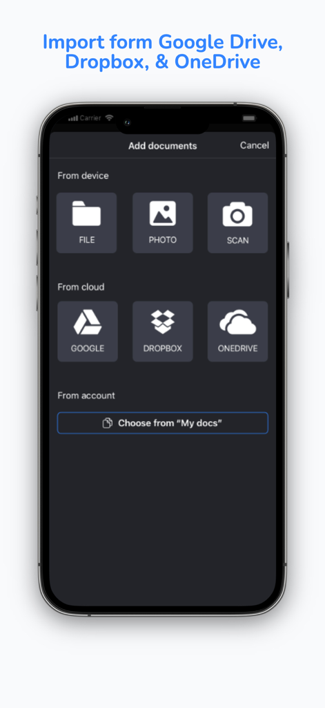 Oberfläche der eSign App, die Optionen zur Dokumentenimportierung aus Gerätedateien und Cloud-Speicherdiensten wie Google Drive und Dropbox zeigt
