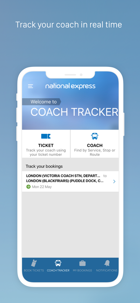 Interface de l'application National Express présentant la fonctionnalité Coach Tracker pour le suivi en temps réel des bus et la gestion des réservations.