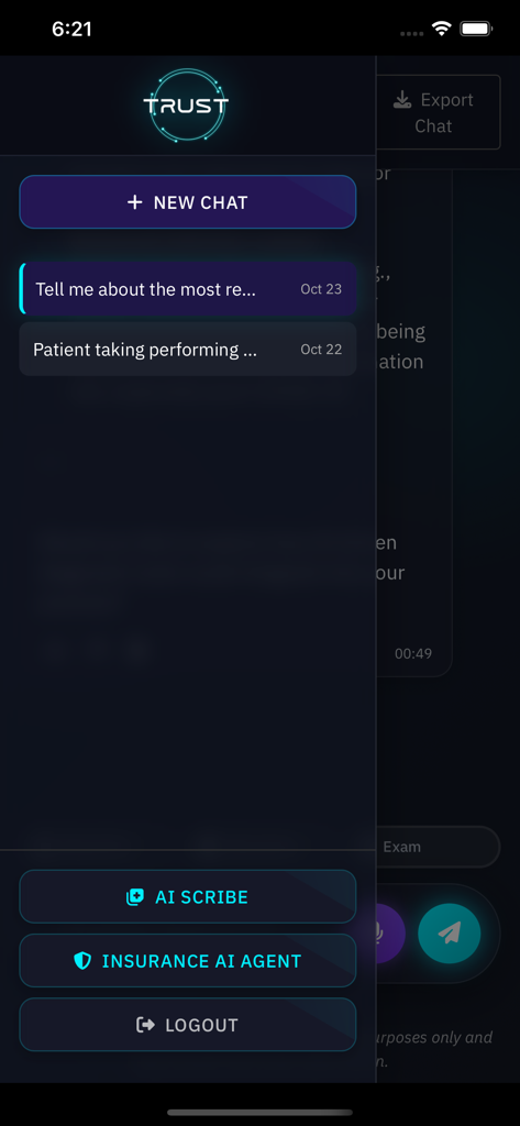 Isaac: AI for Dentistry - Side navigation menu of the Isaac AI for Dentistry app featuring options for new chat, AI Scribe, and Insurance AI Agent.