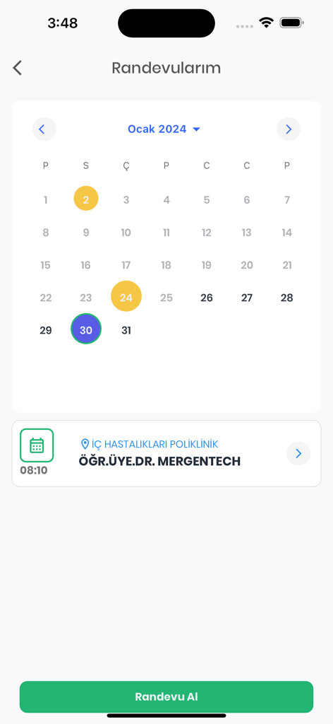 Cep Hastane - Cep Hastane mobile app calendar interface showing a scheduled appointment for internal medicine at 08:10.