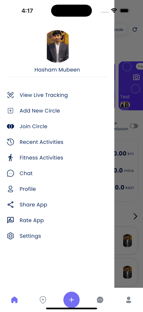 Family Circle - Side menu navigation of the Family Circle app showing tracking and safety features
