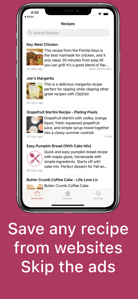 Recipe Box Cookbook: ClipDish - ClipDish App-Oberfläche, die eine Liste gespeicherter Rezepte und Text hervorhebt, der die Möglichkeit zeigt, Rezepte von Websites zu speichern und Werbung zu überspringen.