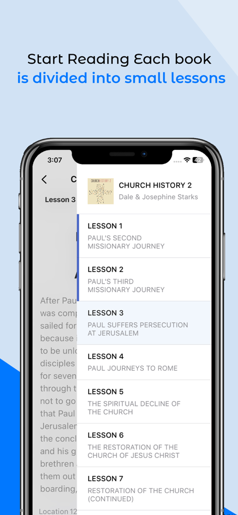 A smartphone screen showing a list of structured Bible study lessons within the Living Logos Mobile app, featuring titles like Paul's Second Missionary Journey.