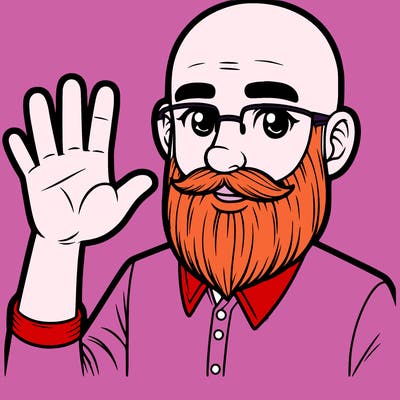 bald man with a beard waving hand