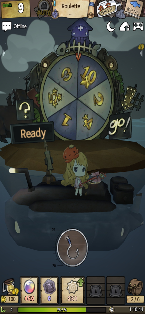 A Girl Adrift - A Girl Adrift gameplay showing the character on a raft in front of a large lucky prize roulette wheel.