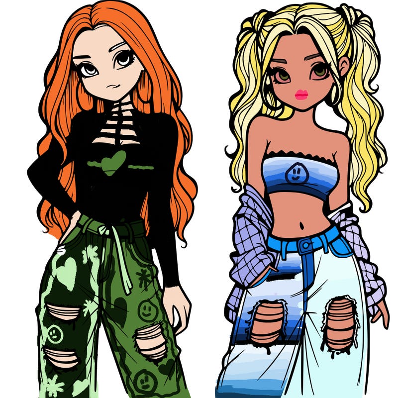 2 girls in crop tops and baggy jeans ripped