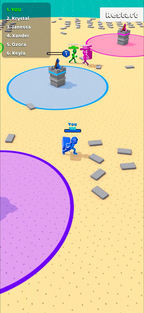 Outdo.io - Outdo.io mobile game screenshot showing a blue character collecting bricks to upgrade a castle in a competitive arena