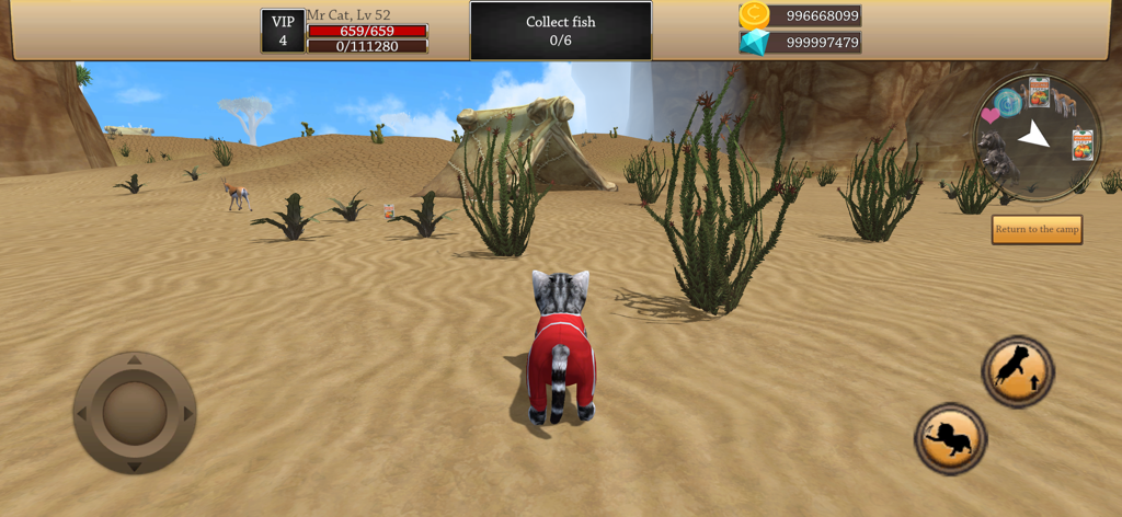 Cat Simulator 3D - Animal Life - A 3D cat wearing a red tracksuit exploring a desert landscape in Cat Simulator 3D