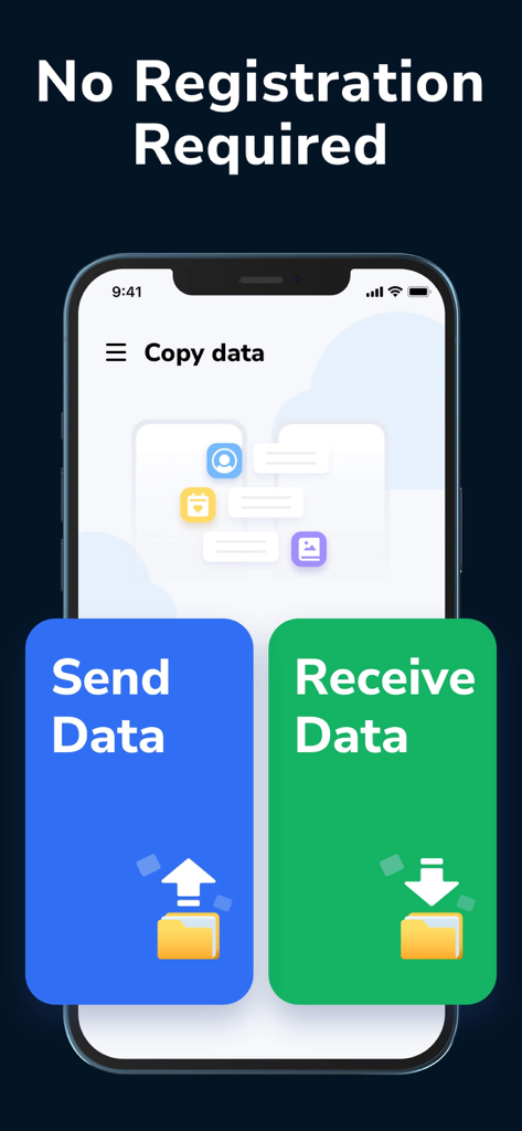 Data Transfer - Copy My Data - Interface de l'application de transfert de données montrant les boutons d'envoi et de réception de données sans message d'inscription requis