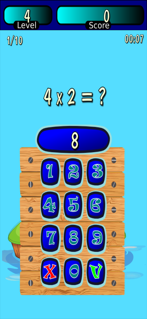 Times Tables Math Trainer UN - A multiplication problem 4 times 2 shown on a math learning app interface with a numeric keypad on a wooden background.