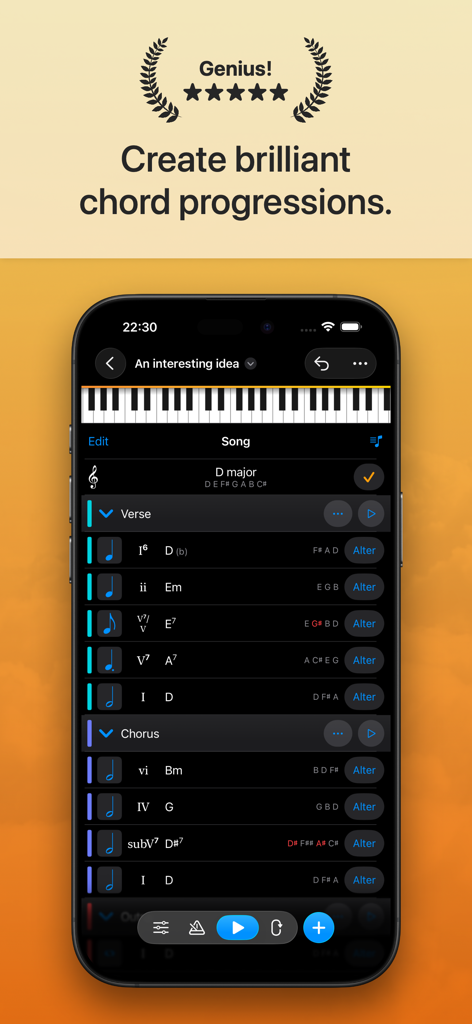 Suggester 2 : Chords & Scales - Smartphone-Bildschirm, der die Suggester 2 App-Oberfläche zur Erstellung von Akkordfolgen mit einem Klavier und Vers-Chorus-Abschnitten anzeigt.
