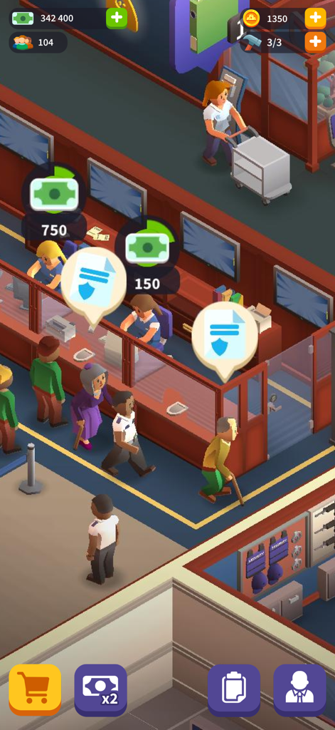 Idle Bank Tycoon - Game Empire - Vista isométrica de cajeros de banco y clientes en el juego de simulación de gestión Idle Bank Tycoon