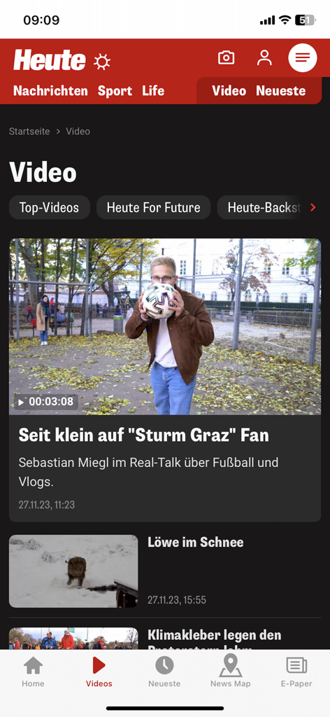 HEUTE – Die Tageszeitung - Sección de video de la aplicación de noticias HEUTE con varios clips de noticias y entretenimiento