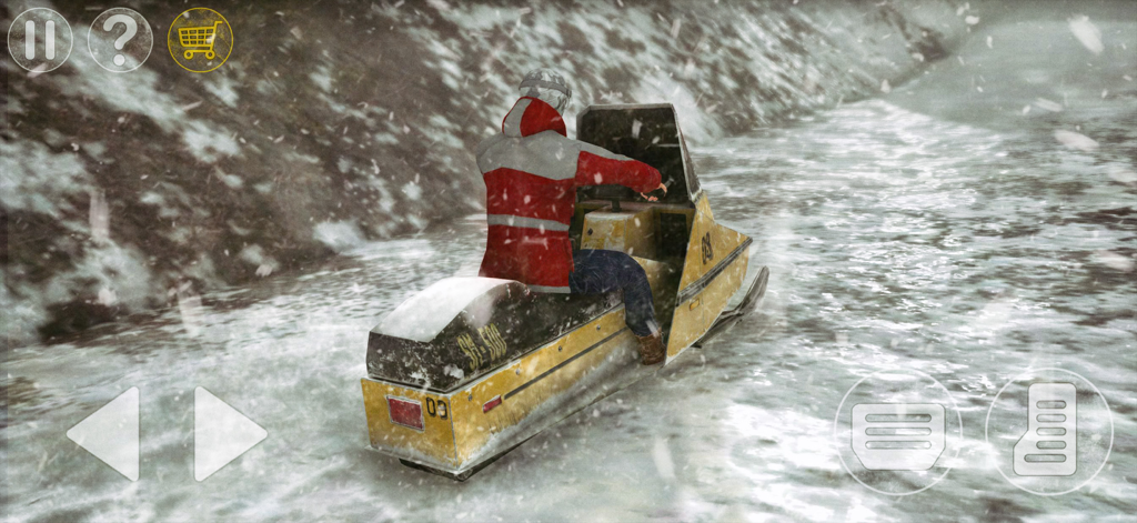 Antarctica 88: Scary Games - Un personaje montando una moto de nieve amarilla a través de un cañón nevado en Antarctica 88.