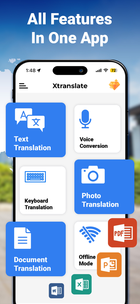 XTranslate - Photo, Voice, PDF - Pantalla principal de la aplicación XTranslate mostrando múltiples herramientas de traducción para texto, voz, fotos y formatos de documentos profesionales como PDF y Excel