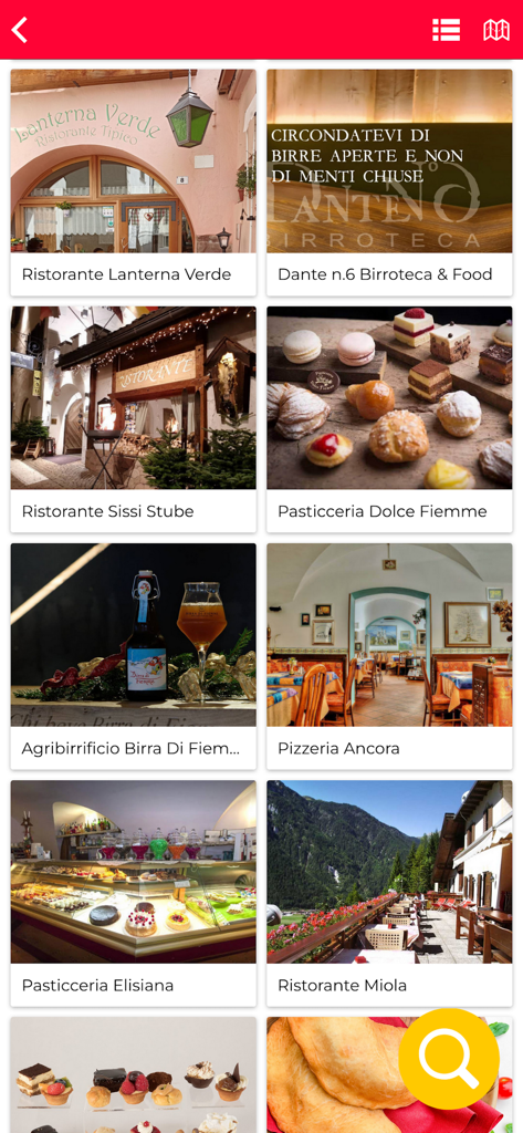 A grid of local restaurants, pastry shops, and breweries listed in the infoFassa and Fiemme travel app.