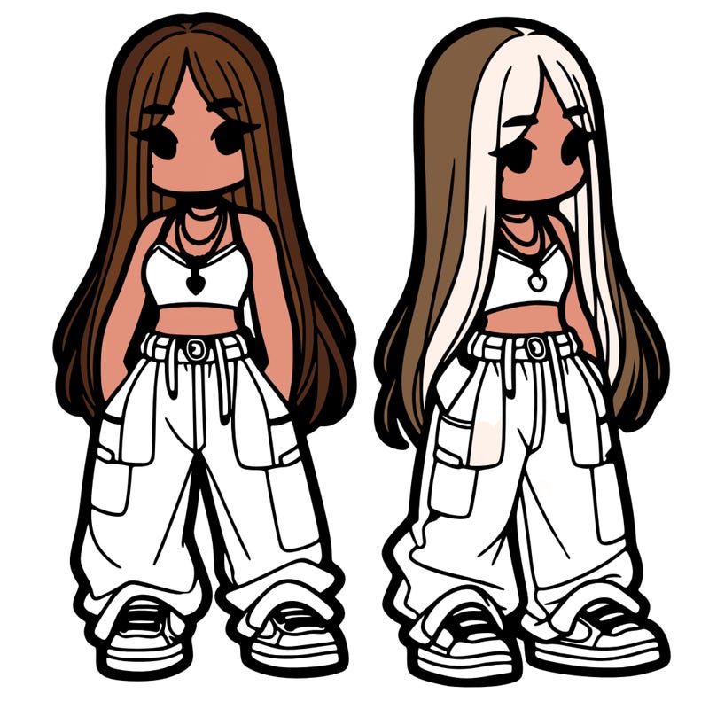 girl in baggy pants crop top and long hair