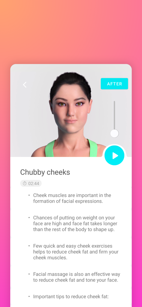 Tela de um aplicativo de ioga facial para exercícios de bochechas gorduchas com um avatar 3D e instruções