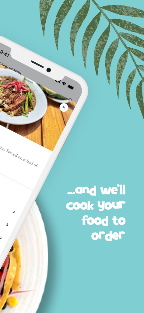 Sandbar Beachfront Hostel - A mobile app interface from Sandbar Beachfront Hostel showing a food menu and custom order text on a tropical teal background.