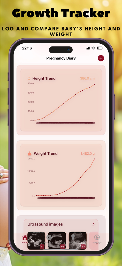 My Baby - Pregnancy Diary - Interfaz de rastreador de crecimiento del bebé con gráficos de altura y peso y fotos de ecografía