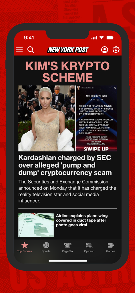 New York Post for iPhone - New York Post app interface showing a news article about Kim Kardashian in dark mode.